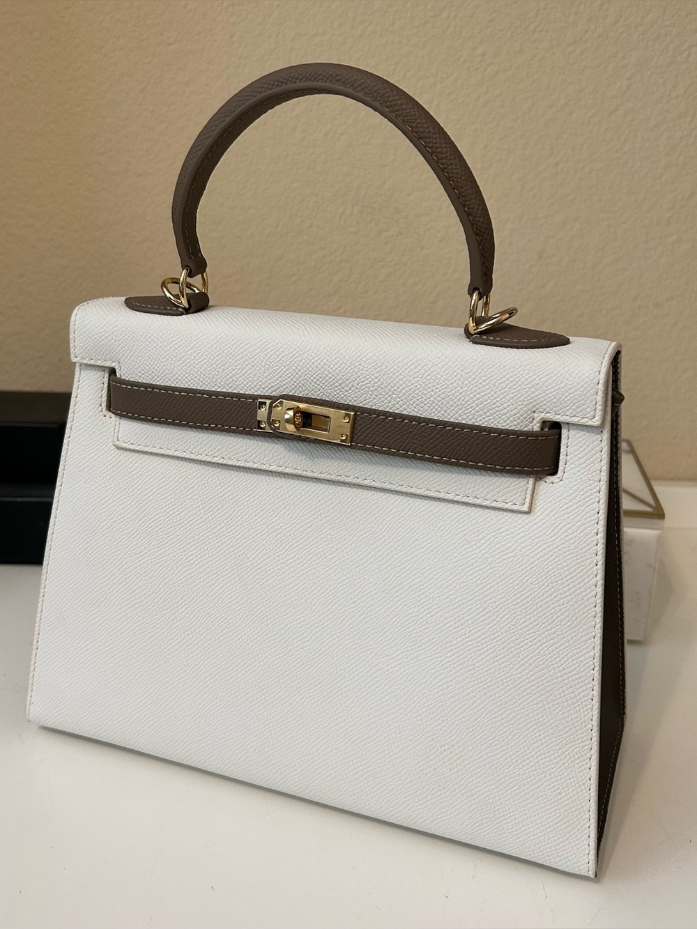 25cm White & Etaupe Epsom Leather Top-Handle Satchel